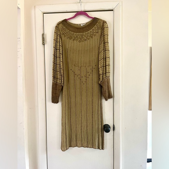 Vintage Dresses & Skirts - VTG 70s 20s flapper Silk balloon sleeve art deco dreamy beaded sheath dress M